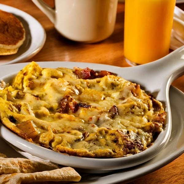 Breakfast skillet with melted cheese, salsa, tortillas, pancakes, orange juice, and coffee.