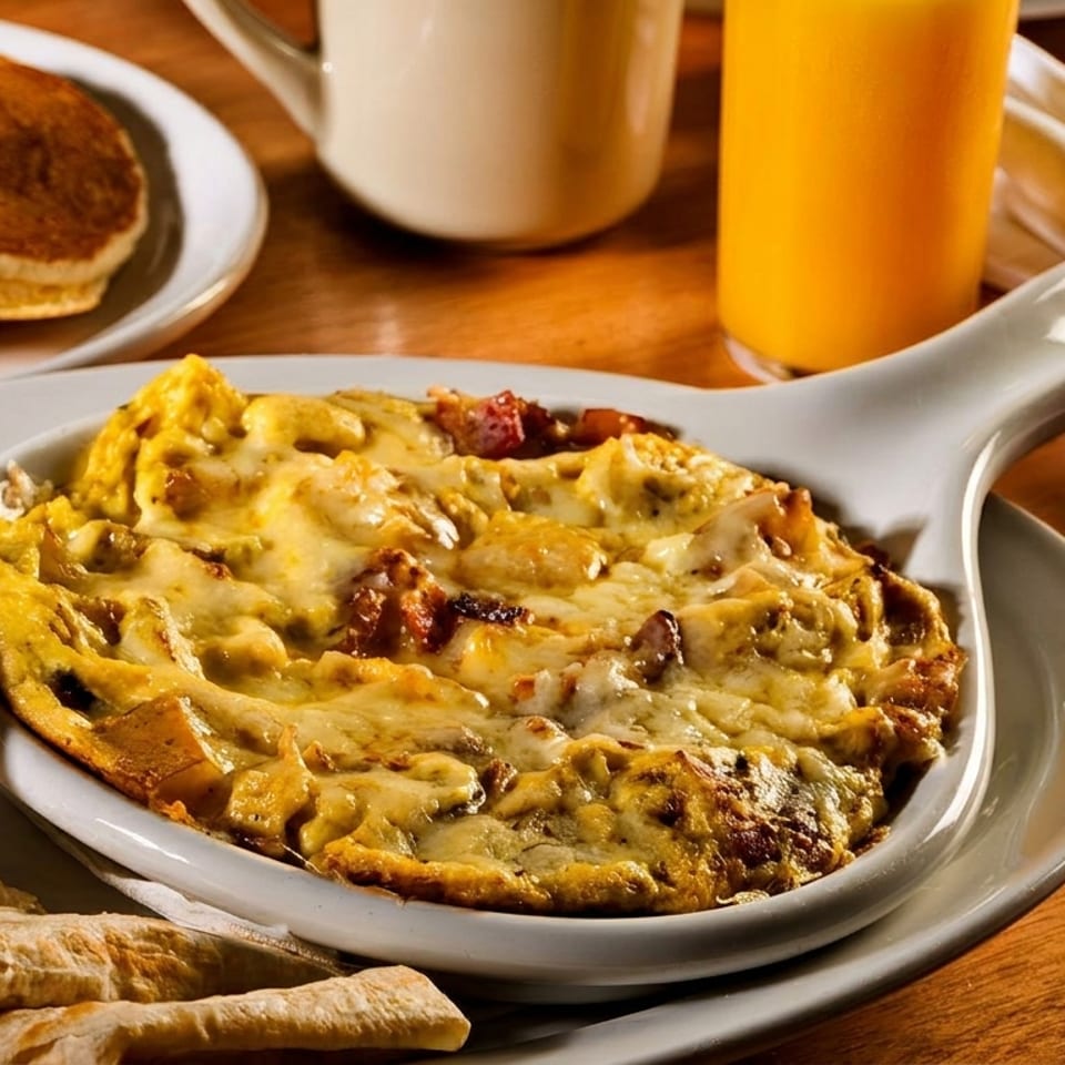Breakfast skillet with melted cheese, salsa, tortillas, pancakes, orange juice, and coffee.