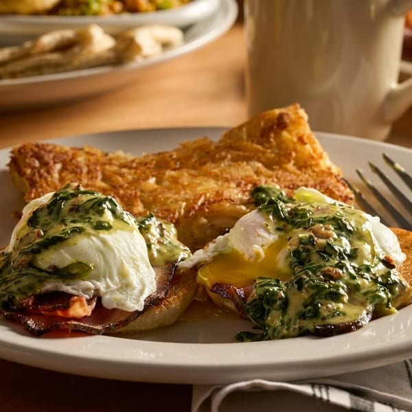 Eggs Benedict with spinach and hash browns, orange juice, and coffee on a wooden table.