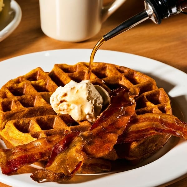 Syrup pouring onto a waffle with a scoop of butter and crispy bacon on a white plate.