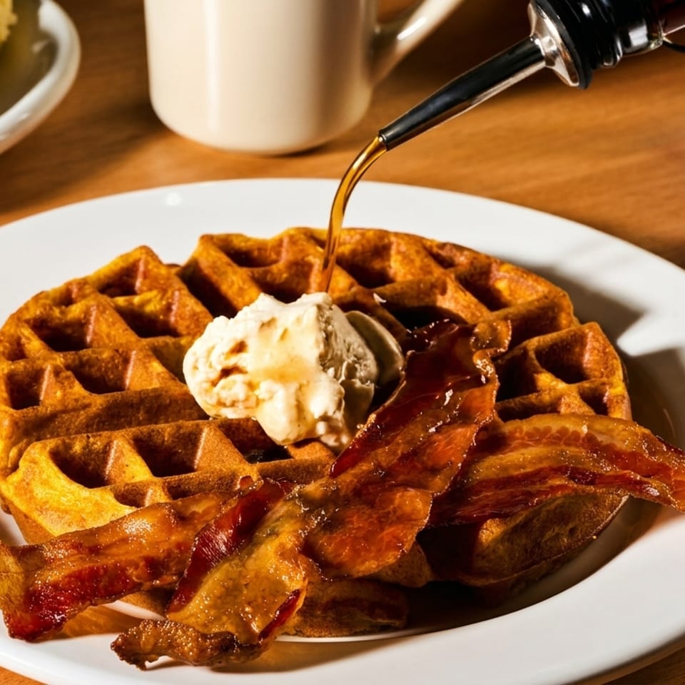 Syrup pouring onto a waffle with a scoop of butter and crispy bacon on a white plate.