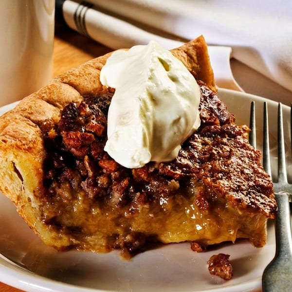 A slice of pecan pie with a dollop of whipped cream on a white plate with a fork.
